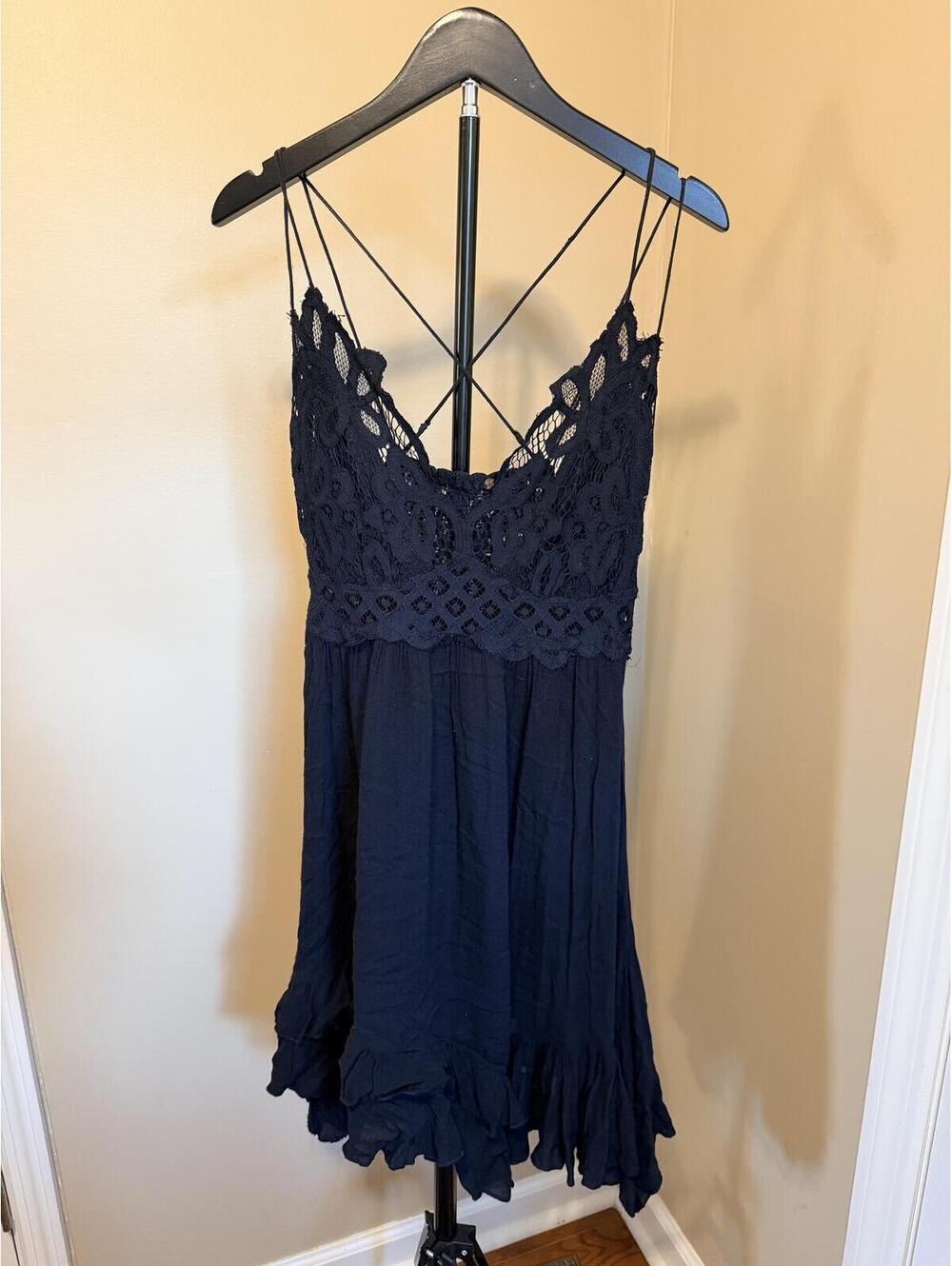 Free People Black Lace Slip Dress Size M Boho Crochet Strappy Mini Dress
